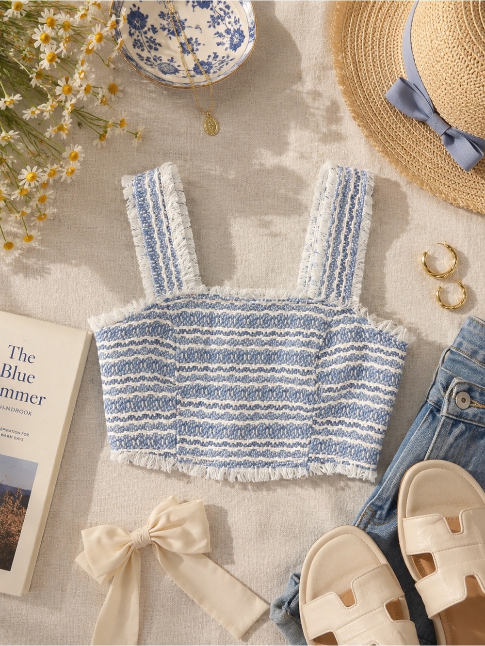 House of Harlow 1960 Blue and White Textured Crop Tank